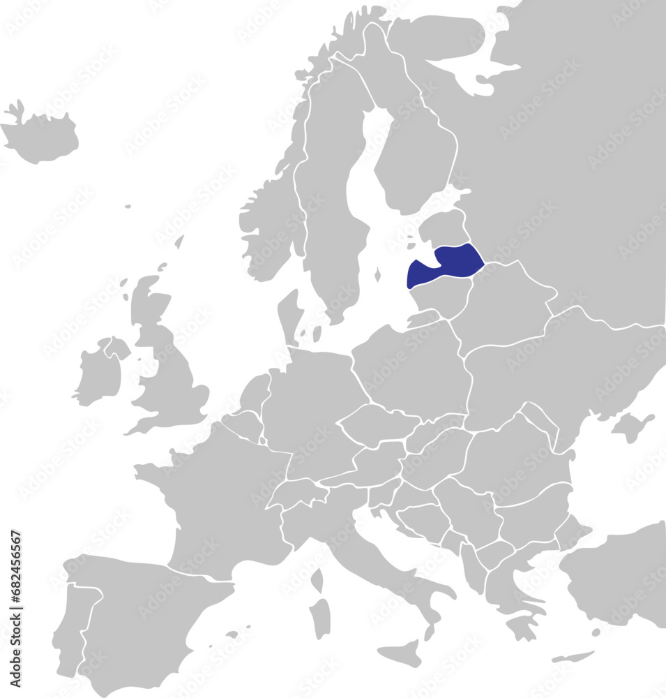 Obraz premium Blue CMYK national map of LATVIA inside simplified gray blank political map of European continent on transparent background using Mercator projection