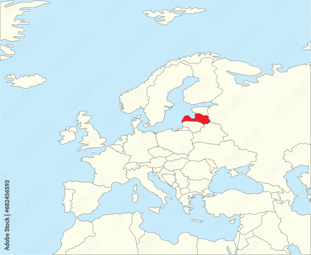 Red CMYK national map of LATVIA inside simplified beige blank political map of European continent on blue background using Winkel Tripel projection