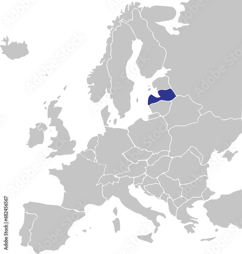 Blue CMYK national map of LATVIA inside simplified gray blank political map of European continent on transparent background using Mercator projection