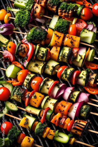 A high-resolution image of a plate piled with colorful vegetable skewers, grilled to perfection, radiating with the aroma of a garden-fresh and nutritious barbecue. © Resonant Visions