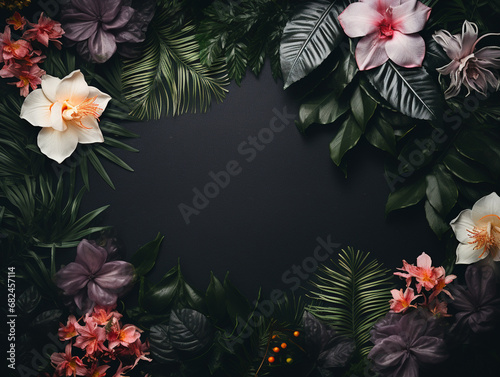 Rich Botanical Flowers on a Textured Dark Background Flat Lay - Lush Leaves and Studio Lighting Effect with Beautiful Floral Petals - Tropical Aesthetic Background with Empty Copy Space at Center