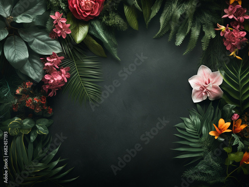 Rich Botanical Flowers on a Textured Dark Background Flat Lay - Lush Leaves and Studio Lighting Effect with Beautiful Floral Petals - Tropical Aesthetic Background with Empty Copy Space at Center