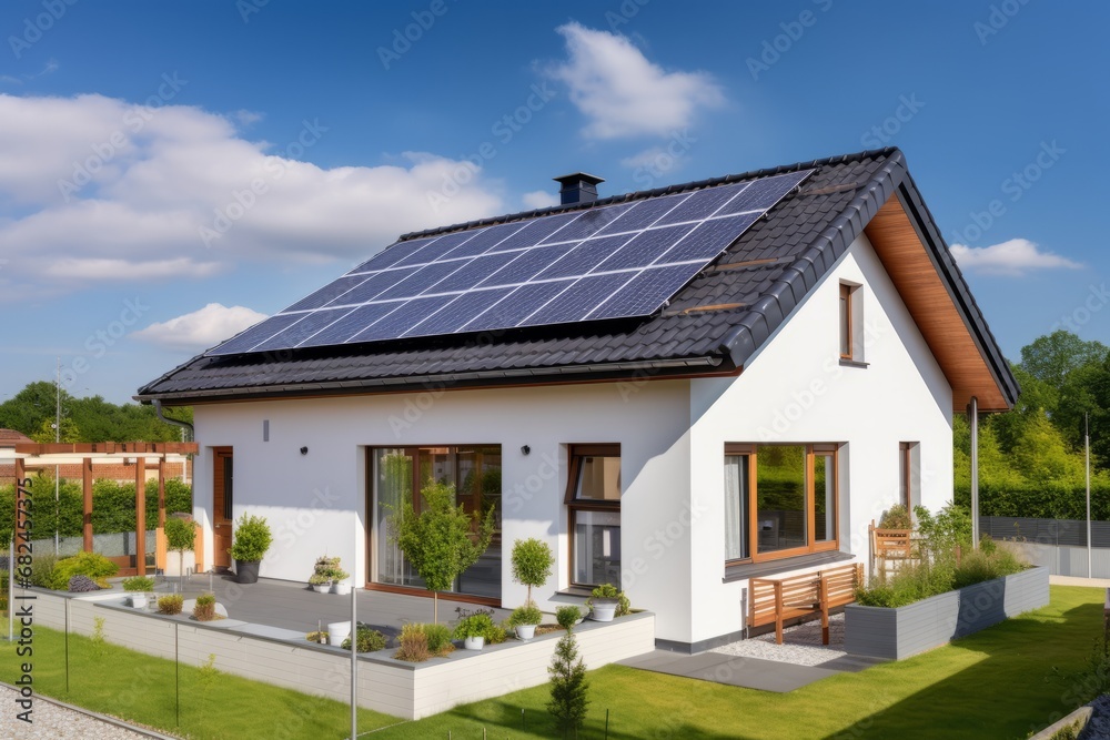 New suburban house with a photovoltaic system. Solar panel system on the roof New suburban house with a photovoltaic system. Solar panel system on the roof