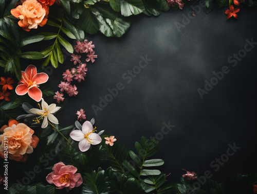 Rich Botanical Flowers on a Textured Dark Background Flat Lay - Lush Leaves and Studio Lighting Effect with Beautiful Floral Petals - Tropical Aesthetic Background with Empty Copy Space at Center