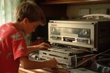 a boy repairs an antique electronic device