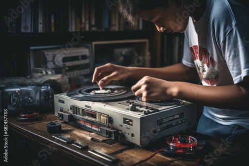 a boy repairs an antique electronic device