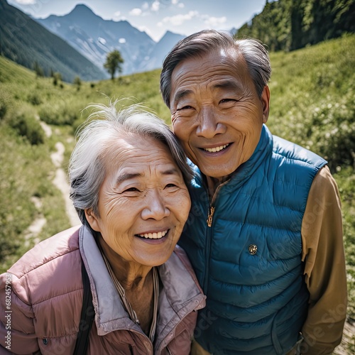 Elderly pensioners on a walk in the mountains
