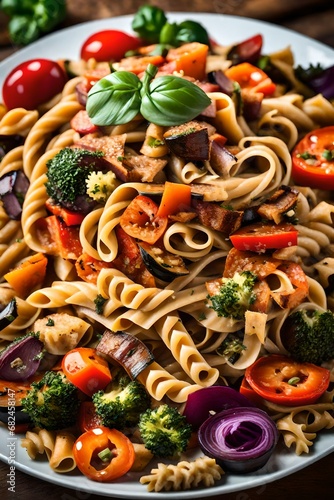 An up-close look at a plate of whole-grain pasta with a colorful array of roasted vegetables, emphasizing the wholesome goodness of a balanced and nutritious meal.