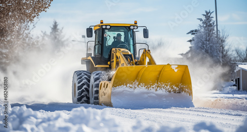 Bulldozer removing snow after a snowstorm