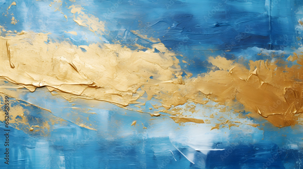 Abstract artwork with bold blue and gold acrylic strokes, creating a dynamic and luxurious texture suitable for backgrounds, wallpapers, or artistic expressions in design projects.