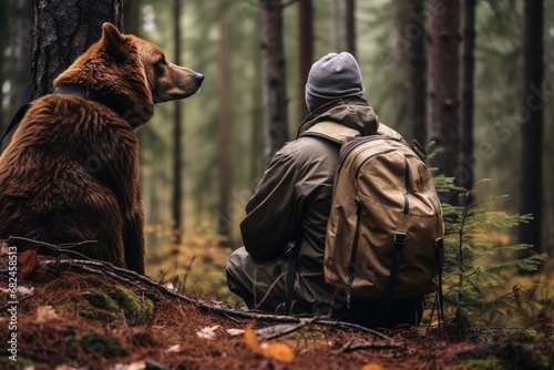 man and bear in the forest