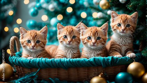 Cute little kittens in a basket against the background of a Christmas tree