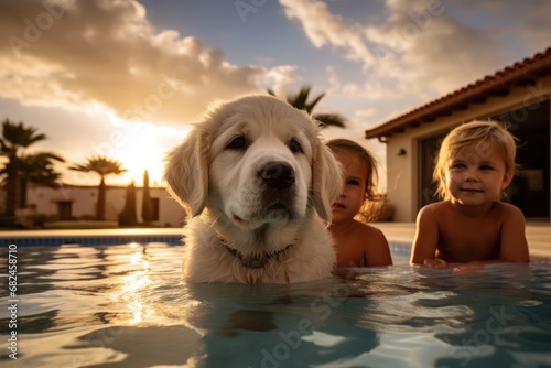 children are swimming in the pool