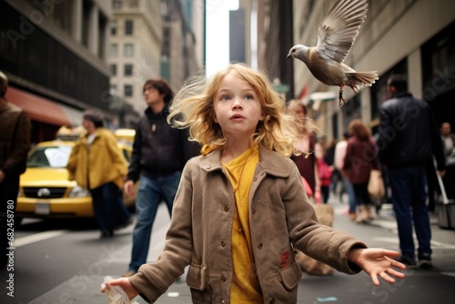 a little girl plays with birds on the street