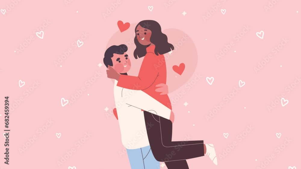 Flat 2D Valentines Day Pink Scene With Couple And Love And Hearts Around Them Flat 2D Valentines Day Pink Scene With Couple And Love And Hearts Around Them