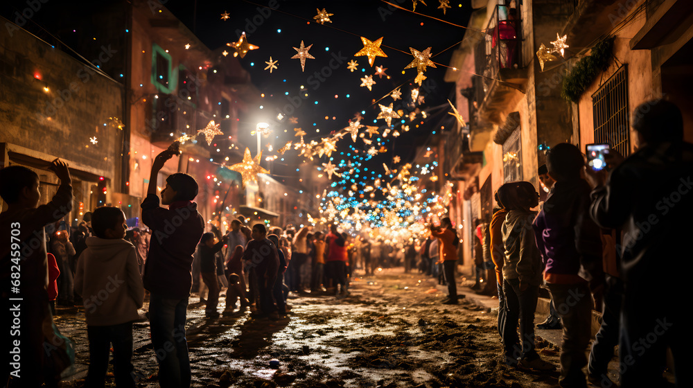 Celebración Luminosa: Posada y Felices Momentos gente en la calle celebrando una posada navideña - obrazy, fototapety, plakaty 