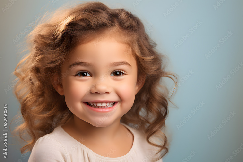 Portrait of cute smiling girl child with curly hair in front of studio background Portrait of cute smiling girl child with curly hair in front of studio background