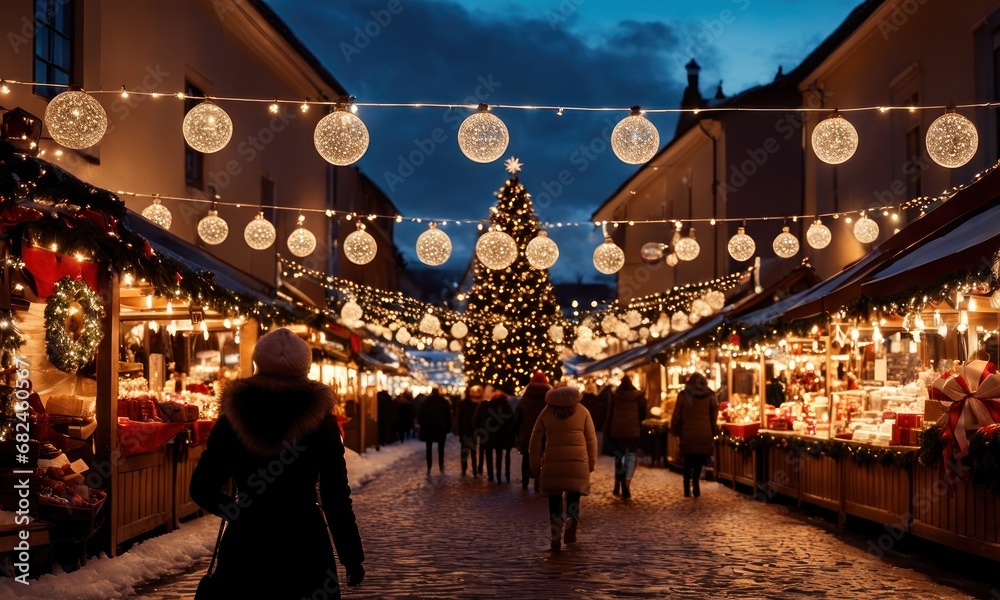 Girl walking in Christmas market decorated with holiday lights in the evening. Feeling happy in big city. Spending winter vacations in festive town. Back view. Winter holidays - obrazy, fototapety, plakaty 