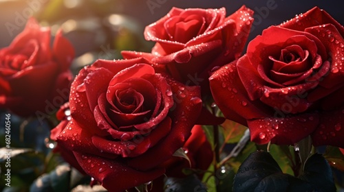 A close-up of vibrant red roses in a sunlit garden  petals glistening with dew drops.