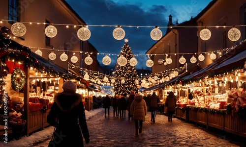 Girl walking in Christmas market decorated with holiday lights in the evening. Feeling happy in big city. Spending winter vacations in festive town. Back view. Winter holidays © useful pictures