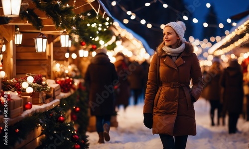 A happy girl in warm clothes stands on a decorated evening street at the Christmas market, lights the sparklers and looks at camera with a smile on his face.Walk through streets of city at Christmas