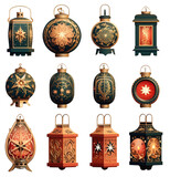 Lampiony świąteczne różne style na przezroczystym tle PNG.