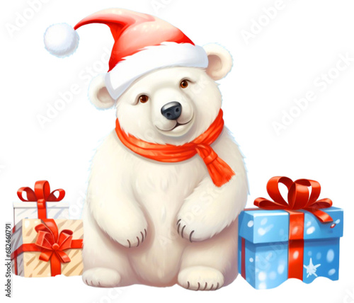 Uroczy świąteczny niedźwiedź polarny na przezroczystym tle PNG.