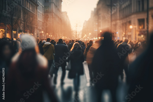 Blurred faceless crowd of people hurrying about their business on a city street, busy urban background photo