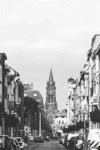 Black and white photo of a church in Blankenberge, on the coast of Belgium