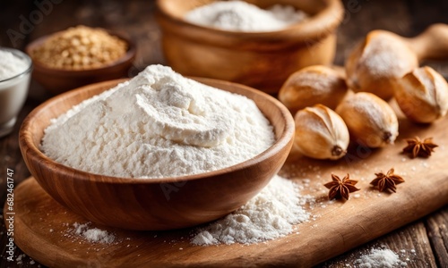 Flour on a wooden board. Cooking Kitchen background