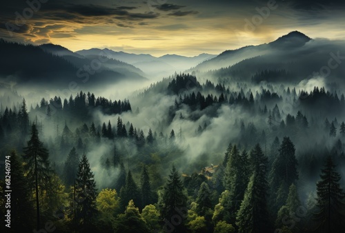 Misty Mountainous Forest: Serene and Captivating Daytime View