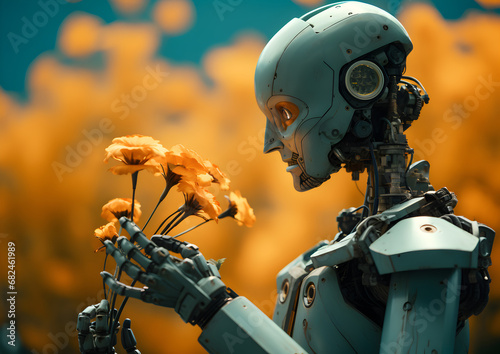 A Robot with a Bouquet of Yellow Roses on a Simple Pastel Background: The Intersection of AI and Floral Elegance,  Love Card,  Valentine and romence day photo