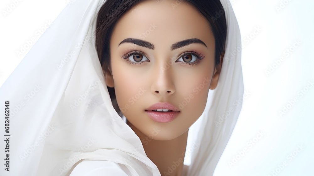 Fototapeta premium Elegant portrait of an Asian woman with flawless skin and an exquisite hairdo, grace and beauty against a soft white background.