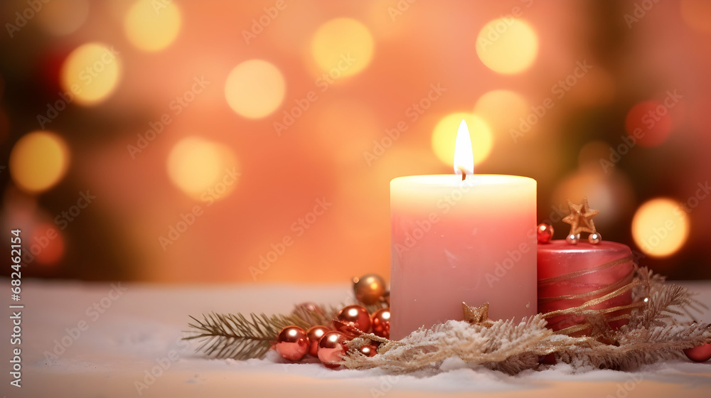 Red Christmas candles burning brightly, adorned with pine branches and festive ornaments, set against a magical bokeh backdrop