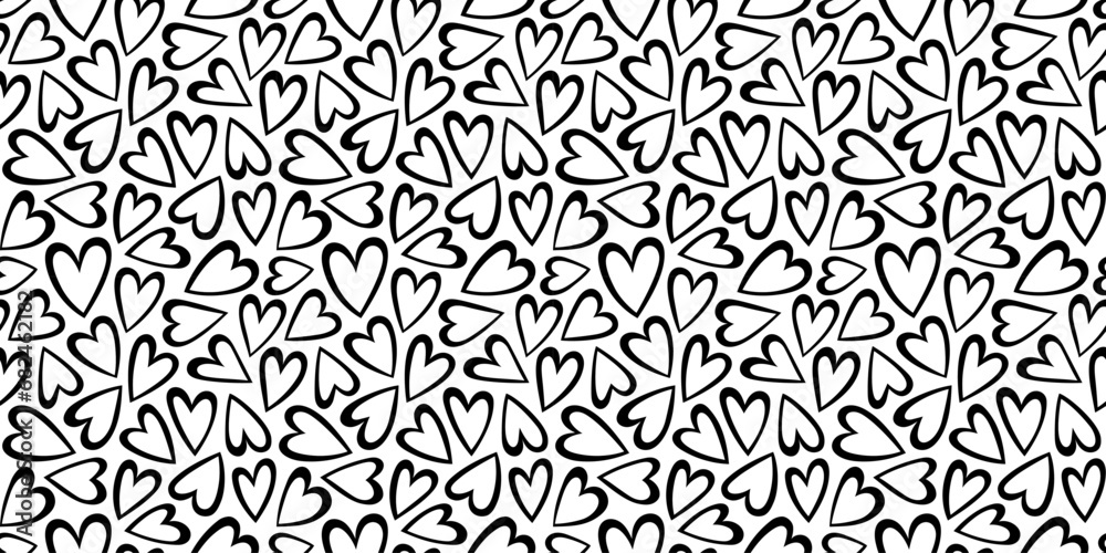 Black and white love heart seamless pattern illustration. Cute romantic hearts background print. Valentine's day holiday backdrop texture, romantic wedding design.	