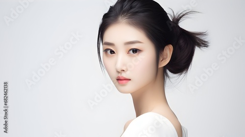 Elegant portrait of an Asian woman with flawless skin and an exquisite hairdo, grace and beauty against a soft white background.
