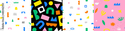 Fun colorful geometric shape seamless pattern set. Creative abstract art background collection for trendy design with playful geometry shapes. Simple childish wallpaper texture.
