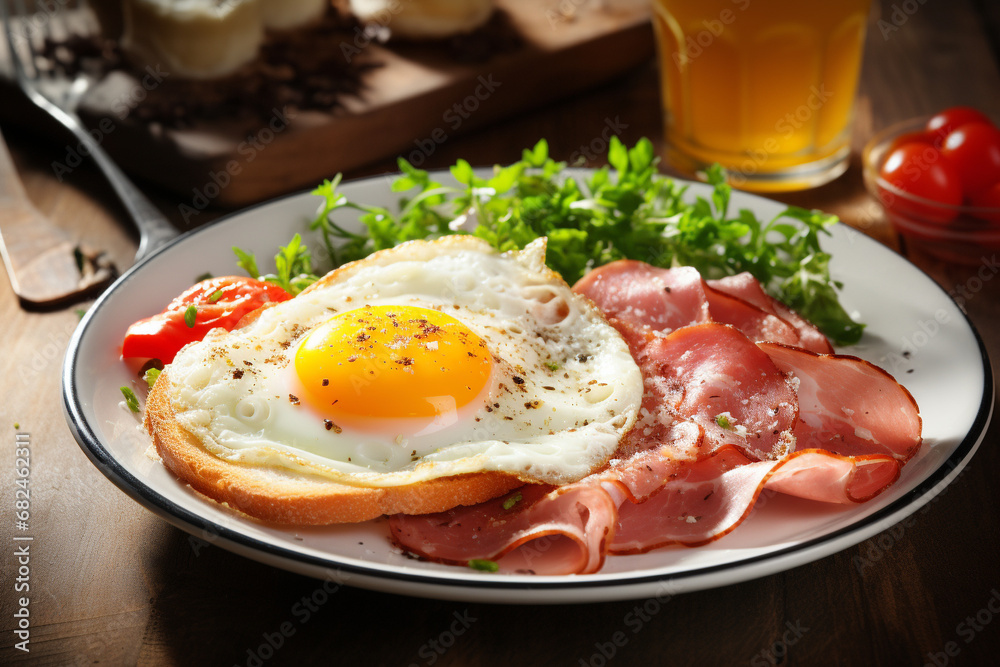 Hearty breakfast with toast, fried eggs and mortadella with herbs. Hearty breakfast with toast, fried eggs and mortadella with herbs.