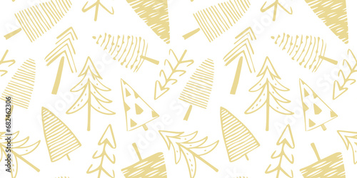 Hand drawn christmas tree seamless pattern illustration. Vintage style pine drawing background for festive xmas celebration event. Holiday nature texture print, december decoration wallpaper.