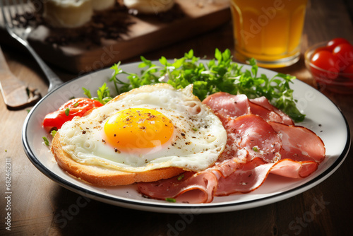 Hearty breakfast with toast, fried eggs and mortadella with herbs.