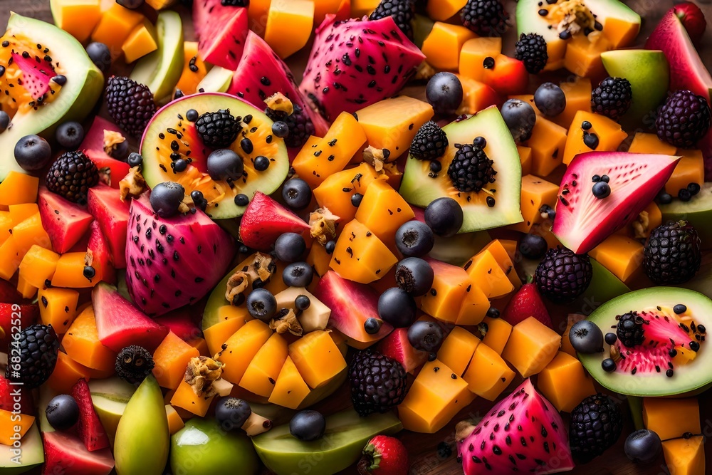An exquisite display of a tropical fruit salad with a mix of exotic fruits like dragon fruit, passion fruit, and papaya, creating a visually stunning and healthy treat.