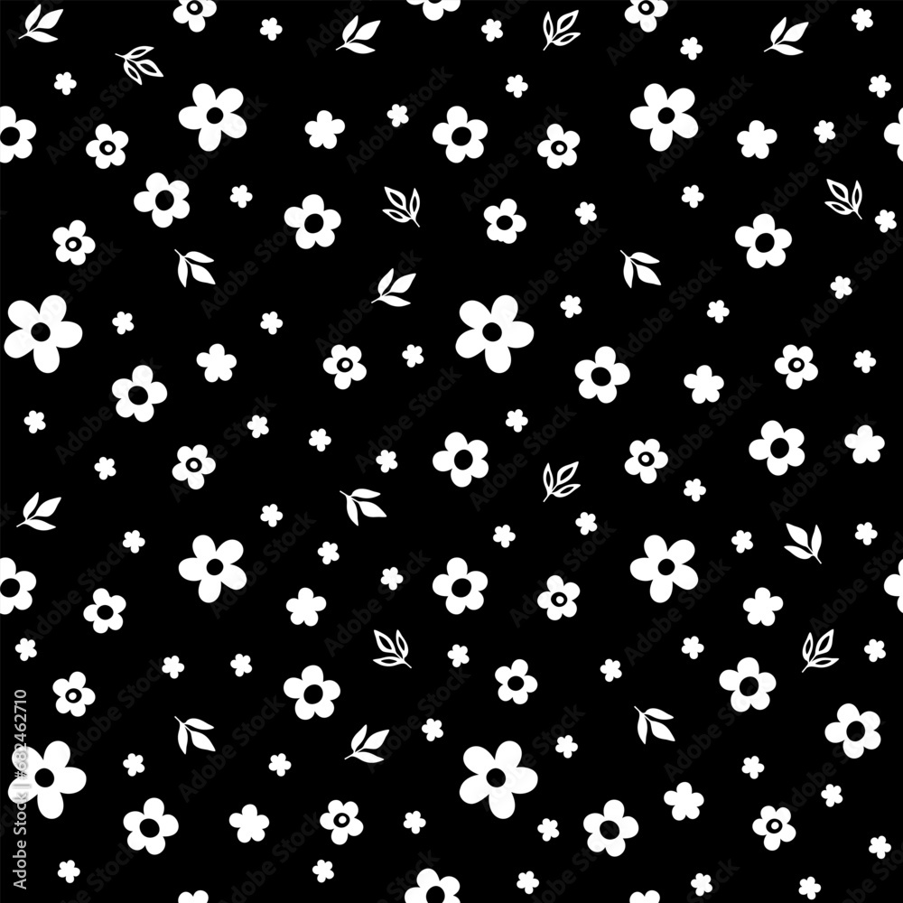 Cute pattern with simple flowers and leaves. Black and white