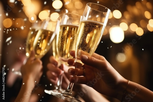 Sparkling champagne, toasting clinking glasses on blurred dancing people bokeh.