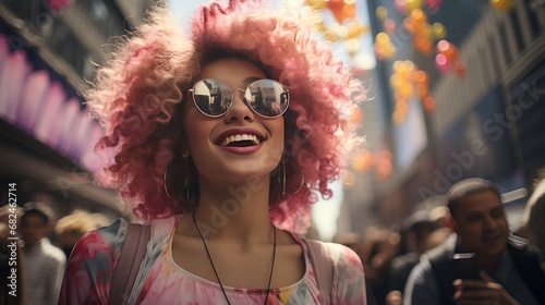 retro woman with vintage sunglasses and pink hair on the street
