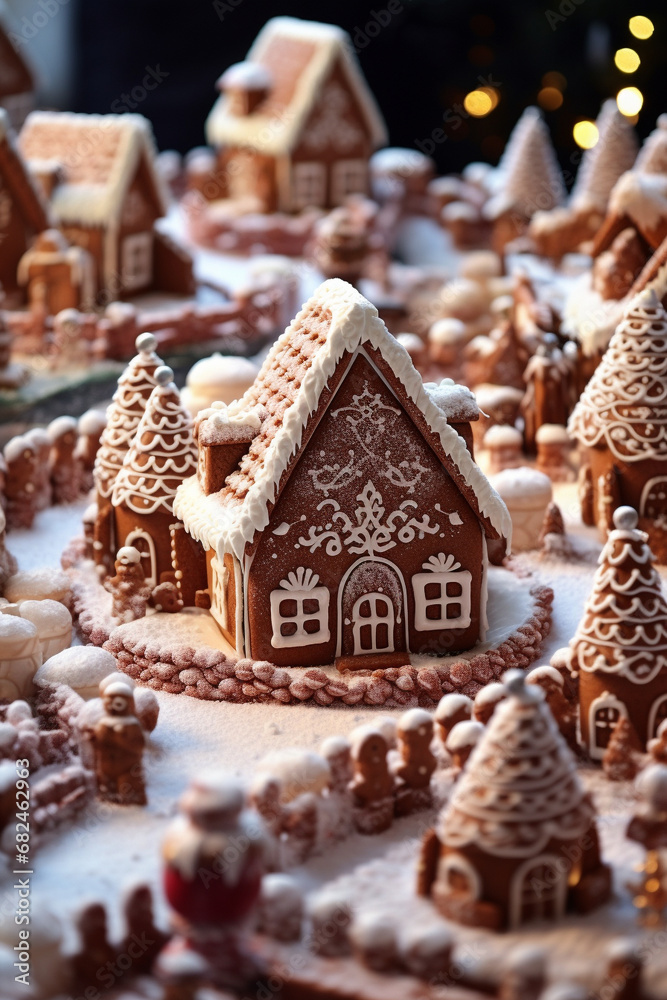 Winter village with gingerbread houses. New Year or Christmas landscape. Winter village with gingerbread houses. New Year or Christmas landscape.