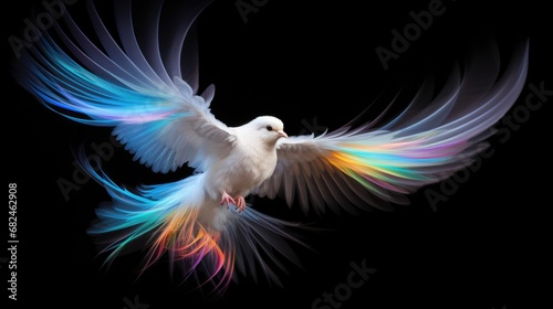 A white bird with colorful feathers flying in the air