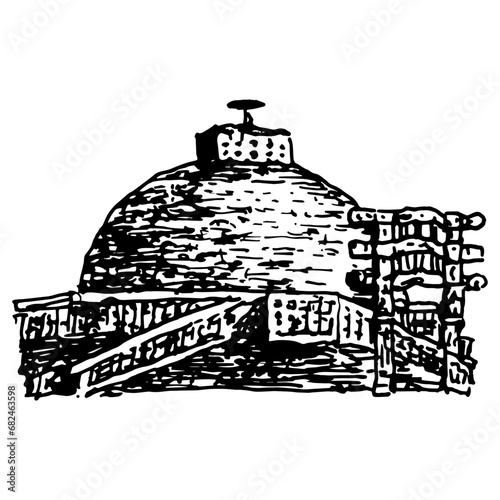 The Great Stupa at Sanchi. Ancient Buddhist monument in India. Hand drawn linear doodle rough sketch. Black silhouette on white background.