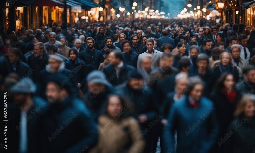 Blurred Crowd of People On Street, unrecognizable crowded population as blur urban background, rush hour
