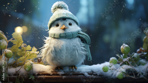 A snowbird clad in a cozy blue hat and scarf perches atop a frosty surface, surrounded by a serene winter scene. photo