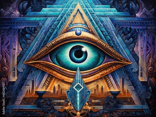 A painting of an all seeing eye, an eye of Horus. photo